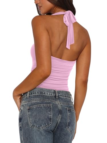 PINKMSTYLE Womens Halter Sleeveless Thong Bodysuit Tank Tops Summer Double Lined Mesh Square Neck Body Suits Light Pink Large — view 2