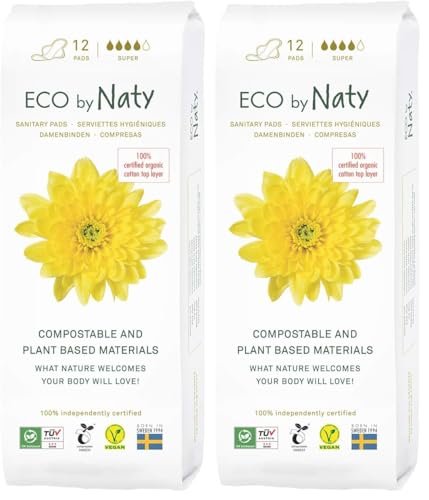 Image of Eco by Naty Sanitary Pads - Plantbased and Absorbent Sanitary Pads for Women, Organic Cotton Menstrual Product, Better for Feminine Health (Super, 12 Count) (Pack of 2)