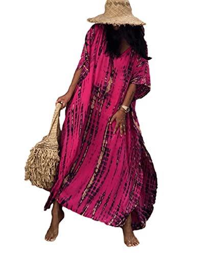 Kaftan Women's Striped Swimsuit Cover ups tie dye Beach Caftans Vneck Maxi Kaftan Dresses Side Split Beach Cover ups Curve Hem Loose Caftan Lounge wear(730-9 Rose)