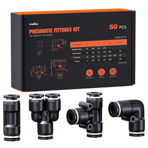 1/8" OD Push to Connect Fittings Kits –50PCS Air Line Connectors with Tee, Straight, Elbow, Splitters, Quick Connect Pneumatic Fittings, Push Lock Air Hose Fittings for Compressor, Air Tools & Tubing