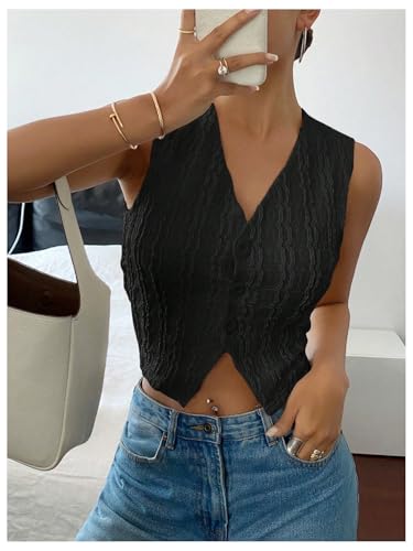 SweatyRocks Women's Sleeveless Button Down Crop Tops Textured V Neck Dressy Vest3