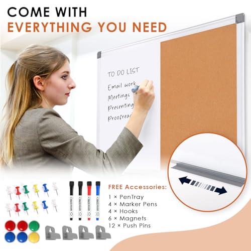 Cork Board and Dry Erase Board Combo Bulletin Board Combination Magnetic WhiteBoard Pin Notice Board for Home Office School with 4 Dry Erase Maker+6 Magnets+12 Pushpins, 24x18inche image 4