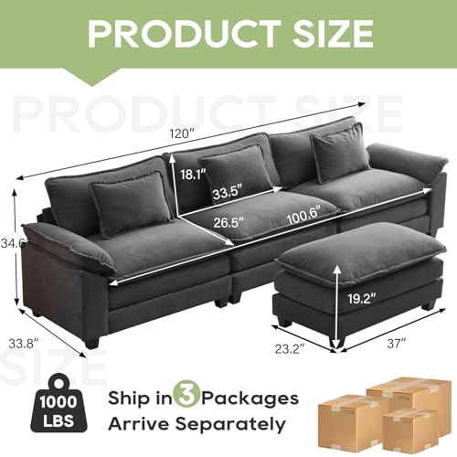Image of Oprisen 120 inch Modular Sectional Sofa, Comfy Cloud Couch Sectional Sofa with Ottoman, Velvet Sofa Sleeper Deep Seat Sofa with Throw Pillows for Living Room (Blue Gray, 120 inch- L Shape)