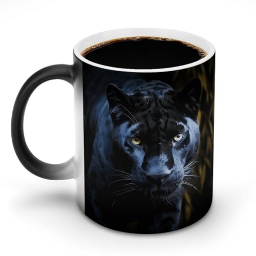 KWQDOZF Tazas de café sensibles al calor con estampado de pantera con ojos azules. Taza que cambia de color. La imagen completa se revela al agregar CALIENTE.