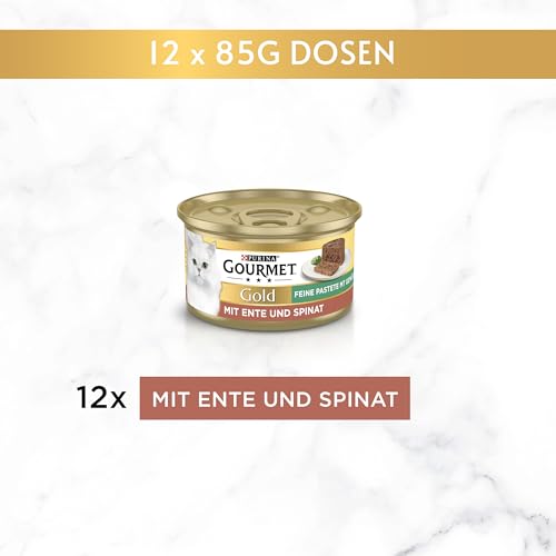 Gourmet Gold Feine Pastete mit Gemüse Katzenfutter nass, mit Ente und Spinat, 12er Pack (12 x 85g)