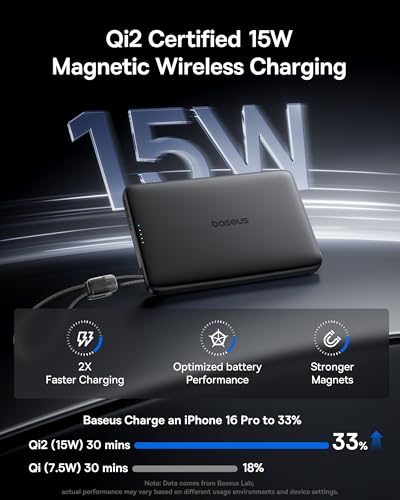 Image of Baseus Picogo Qi2 15W Magsafe Portable Charger, 0.5 inch Ultra Slim 10000mAh Wireless Power Bank with 27W Built-in USB-C Cable, Magnetic Battery Pack for iPhone 17 Pro Max /17 Pro /Air /16 /15 /14 /13 /12