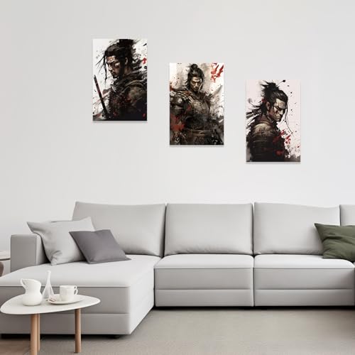 Image of CCWACPP 3 Piece Samurai Wall Art Japan Painting Canvas Print Warrior Figure Pictures Bushido Posters Japanese Culture Theme Artwork Home Room Decor Framed (A, (20 inchx28 inchx3))