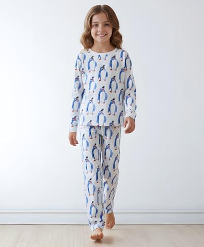 Image of ANTHRILO Penguin Print Girls Long Sleeve Pyjama Set - White | 8-9 Years