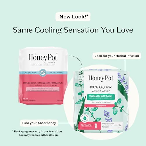 Image of The Honey Pot Company - Herbal Postpartum Pads w /Wings - Infused w /Essential Oils for Cooling Effect, Organic Cotton Cover, & Ultra-Absorbent - Feminine Care - 12ct