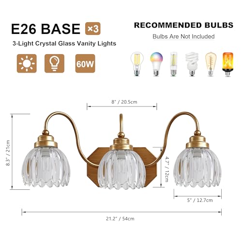 Image of Vintage Gold Bathroom Light Fixtures, 3 Light Clear Tulip Crystal | Brushed Gold Vanity Lights,Matte Antique Brass Finish, Mid Century Style,Wall Sconces for Bedroom,Hallway, Easy to Install