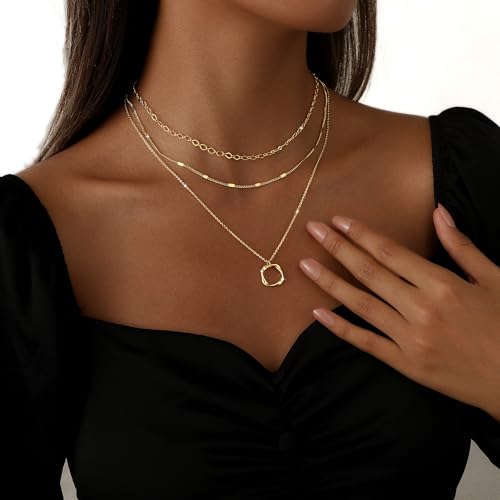 Gold Necklace for Women Layered Stackable Stack 14K Gold/Silver Plated Adjustable O Chain Texture Tag Charm Necklace for Women Layering Pendant Trendy Jewelry Set Gifts3