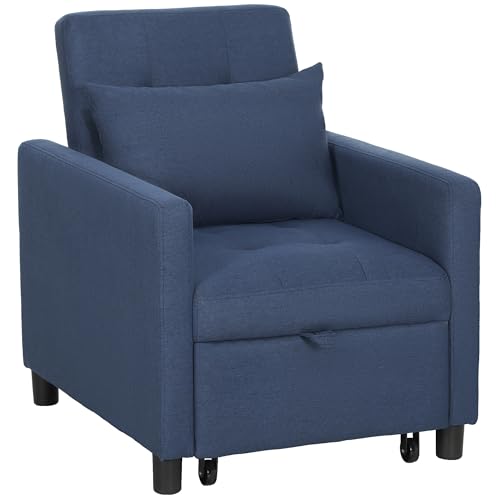 HOMCOM Sofá-Cama Convertible 1 Plaza sillón Respaldo reclinable 3 Posiciones con reposabrazos Cojines Confort Azul