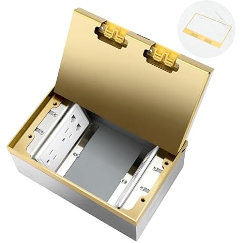 Vagueior Recessed Floor Electrical Outlet Kit,with 4 * 15A Receptacle+1 * 5V 2.1A USB Charging Ports+2-Port RJ45 Datacom Receptacle，Waterproof Electrical Outlet Covcer Box,Gold Cover