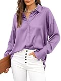 Sucolan Satin Tops for Women V-Neck Button Down Business Blouse Top Satin Silk Shirts with Pocket Light Purple S