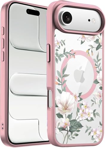 Image of VONZEE Back Cover Case Compatible with iPhone 17 Air Case Luxury Retro Flowers Floral Clear for Magnetic Wireless Charging Case Shockproof PC+TPU Cute Glossy Shiny Cover for Girls Women, 6.6'' Pink