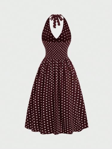 Image of Aahwan Polka Dots Halter Long Dress Backless A Line Flared Vintage Party Club Dresses for Women's & Girl's