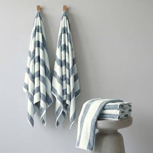 Image of Cortina Stripe Printed Towels for Bath (70 x 140 cm) 380 GSM Microfiber, Ultra Soft, Highly Absorbent & Quick Dry for Gym, Beach & Bathroom Towels for Men, Women & Kids (Navy Blue Big Stripe)