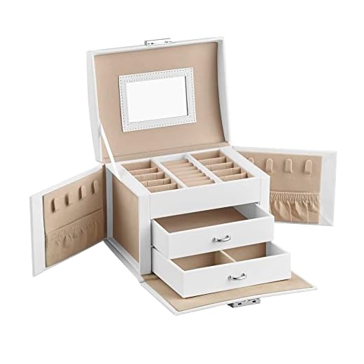 SONGMICS Caja de Joyería, Estuche de Viaje, Portátil, Organizador de Joyas con Cerradura con 2 Cajones, Espejo17,5 x 13,5 x 12 cm, Blanco JBC154W01