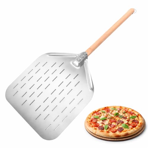 NSXVIA Pizzaschieber perforiert 39,5 * 30 * 2 cm – Aluminium Pizzaschaufel mit abnehmbarem Holzgriff, leichte Pizza Peel, Pizzaheber & Pizzawender für Ofen, Pizza Zubehör
