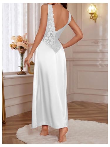 Image of WDIRARA Women's Satin Sleepwear Nightgown | Lace, Backless, Deep V Neck, Sleeveless, Long