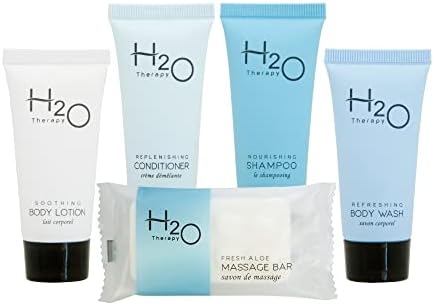 H2O Therapy Hotel Soaps and Toiletries Bulk Set | 1-Shoppe All-In-Kit Amenities for Hotels & Airbnb | .85oz Hotel Shampoo & Conditioner, Body Wash, Body Lotion & 1 oz Bar Soap Travel Size | 75 Pieces