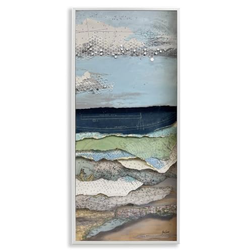 'Cloudy Beach Shore Landscape Layered Ephemera'| Framed Giclee Art
