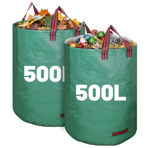 2 Pack 500L Large Garden Bag with Handles, Heavy Duty Garden Waste Bags,Reusable Green Sacks for Collecting Grass, Leaves Debris
