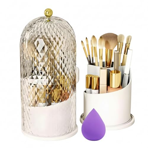 Image of OCEANEVO Cosmetic Makeup Brush Holder with Makeup Sponge, Dustproof Makeup Brush Organiser Stand with 360 Rotatable Lid - 12.5 x 27 Cm - White - Diamond Pattern - 1 Year Warranty