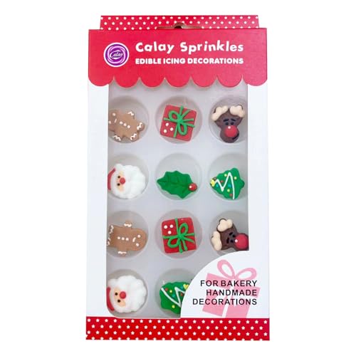 Sentovac 12 Pcs Christmas Icing Decoration Santa Claus Christmas Tree Christmas Leaf Gingerbread Man Deer head Gifts Mix Candy Dessert Edible For Cookie Cake Cupcake Topper Icing Decoration Supplies