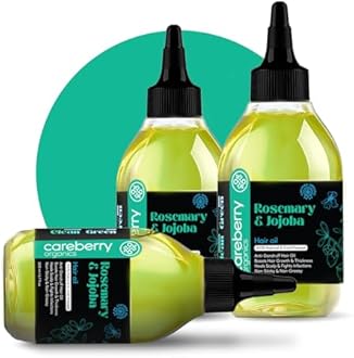 Careberry Organic Rosemary & Jojoba Hair Oil For Hair Growth & Dandruff Control, 100% Natural & Organic, Certified Ayurvedic, Cold Pressed Oil, Mineral Oil Free (Pack of 3, 200ml each)