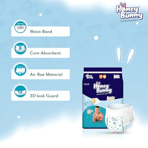 Image of Honey Bunny Everyday Baby Diapers Pants | Extra Extra Large (XXL), 38 Count, 17-25 kg | Silky Soft on Skin | 12 Hours Protection Baby Diaper