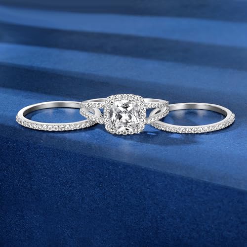 MDFUN 18K White Gold Plated Cubic Zirconia Square Halo Wedding Engagement Promise Eternity Ring for Women2