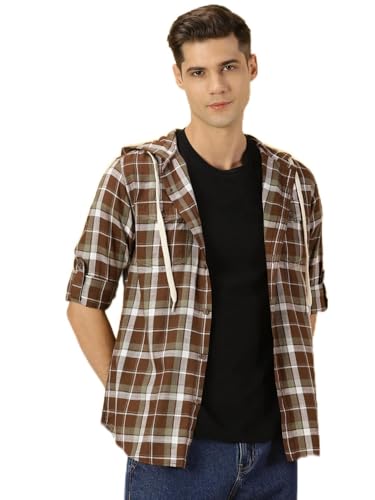Image of Thomas Scott Men's | Checks | Full Sleeve | Regular Fit | 100% Cotton | Hooded | Casual Shirt