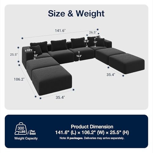 Image of Avenco 141-inch U-Shaped Modular Sectional Couch Sofa with 4 Ottomans | Individually Wrapped Coil Support & Corduroy Fabric, Zero Assembly 8-piece Set for Spacious Living Room, Black