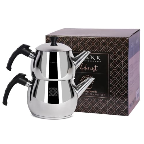 Serenk Edelstahl-Teekannen-Set (Caydanlik), 18/10, 2-teilig, 1 L + 1,5 L, geeignet für alle Herdarten inkl. Induktion, mit Kapselboden, Bakelitgriffen, polierte Oberfläche, Made in Türkiye