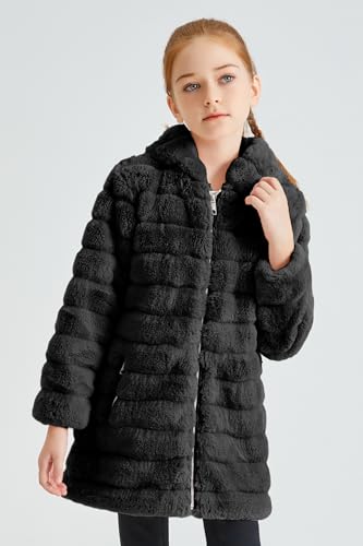Image of Giolshon Girls Faux Fur Fleece Jacket Sherpa Fuzzy Hoodie Winter Coat with Full Zip Fluffy Outerwear 2169