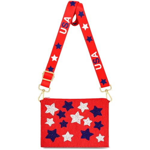Image of 4th of July Purse for Women Sequin Beaded USA Star Purse American Flag Crossbody Shoulder Bag 4th of July Outfits
