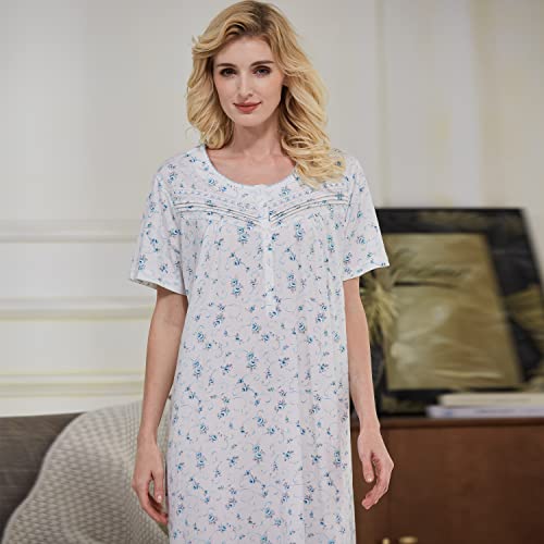 Keyocean Women Nightgowns, Soft Comfortable 100% Cotton Short Sleeves Ladies Nightdress, Blue Floral, Xx-Large (Xxl) #TOP6