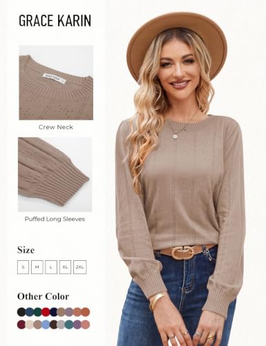Image of GRACE KARIN Fall Sweaters for Women 2026 Puff Long Sleeve Crewneck Dressy Casual Tops Crochet Hollow Out Cute Pullover Blouse