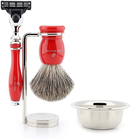 3-Kanten-Rasierset mit roter Dachshaarbürste und Edelstahl-Rasierständer von Jag Shaving