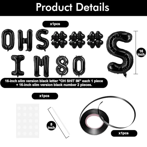 Image of Oh I'm 80! Latex Balloons 16 Inch Black Hallo Twenty Five Cheers to 80 Years Old Theme Decor for Man Woman Happy 80th Birthday Party Photo Studio Prop Flag Decorations Favors Supplies