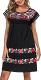 YZXDORWJ Women's Mexican Dress Peasant Embroidered Floral Linen Dresses Summer Mini Lace Short Sleeve Bohemian Dress (L, 523BK)