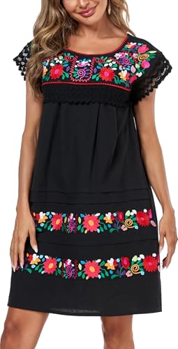 YZXDORWJ Women's Mexican Dress Peasant Embroidered Floral Linen Dresses Summer Mini Lace Short Sleeve Bohemian Dress (M, 523BK)