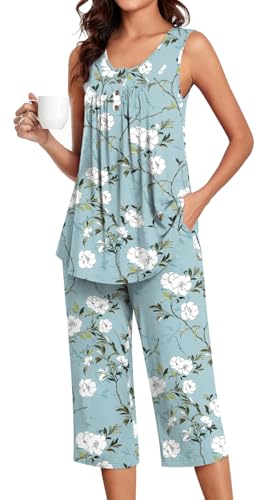 Image of Bestbee Women's Sleeveless Pajama Sets 2 Piece Sleepwear Summer Lounge Outfits Henley Tanks Capri Pants Ladies Pjs