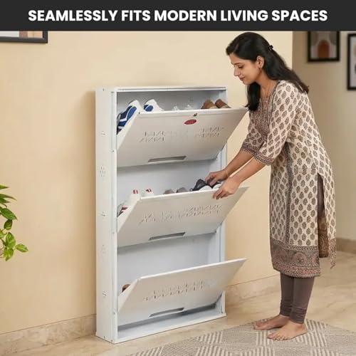 Image of Skywave Luxury Wall Mounted Metal Shoe Rack for Home - 3 Shelf, Holds Up to 25 Pair | Central Locking Shoe Cabinet | Space Saving | Heavy Duty Steel | 3 Year Warranty(Ivory White, 21 Inches)