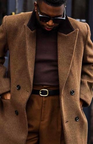 Image of Man's Double Breasted Full Length Trench Coat Casual Notch Lapel Long Jacket Peacoat Wool Blend Winter