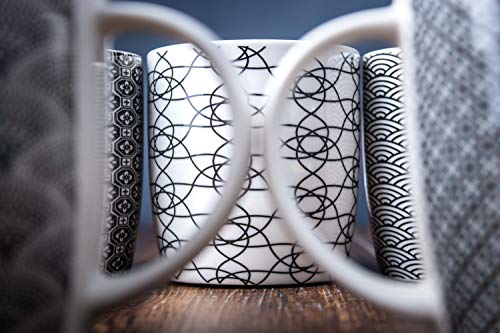 Machuma Set Of 6 11.5 Oz Coffee Mugs With Black And White Geometric Patterns, Ceramic Tea Cup Set #TOP6