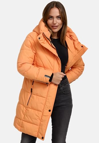 MARIKOO Damen Wintermantel warmer Steppmantel lang mit Kapuze und hohem Kragen Karumikoo XVI Apricot Sorbet Gr. 3XL
