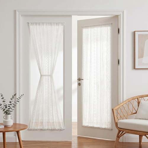 Image of MYSKY HOME White Lace French Door Curtains 72 inch Long 2 Panels Boho Sheer Floral Curtains for Door Window Scalloped Doorway Sidelight Curtains Come with 2 Matching Tie-Backs, 26 inch Wide Each Panel