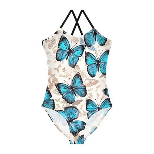 CHIFIGNO Blue Butterflies Swimsuit Girls Quick Dry Crossback One Piece Swimming Suit with Adjustable Strap 3T